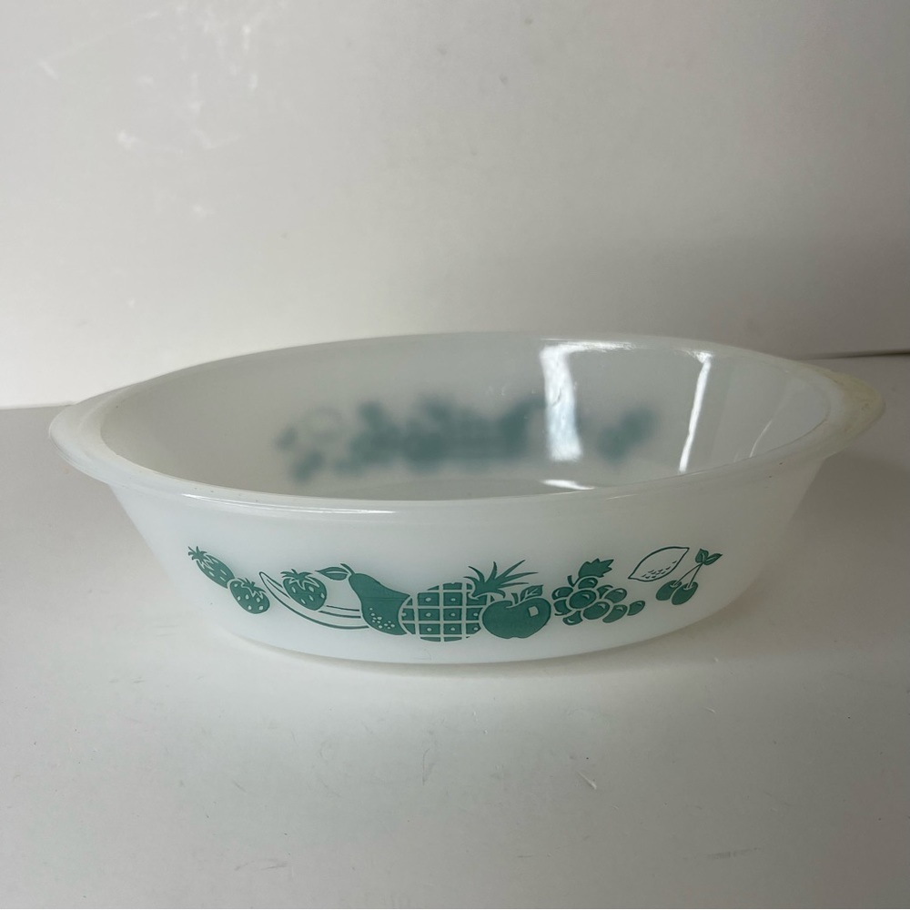 Vintage Glasbake J235 10" Turquioise Fruit Pattern Oval Casserole